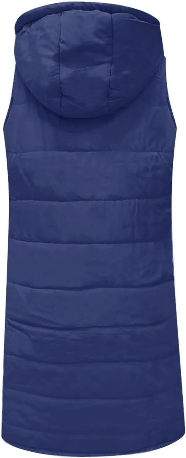 Womens Long Puffer Vest Sleeveless Quilted Hooded Down Coat Lightweight Oversized Jackets Fall Winter Warm Outerwear