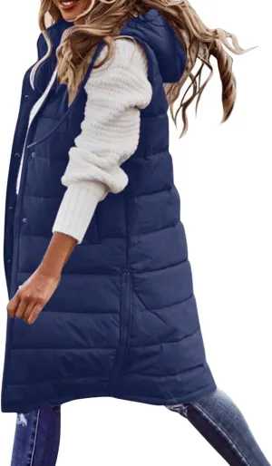 Womens Long Puffer Vest Sleeveless Quilted Hooded Down Coat Lightweight Oversized Jackets Fall Winter Warm Outerwear