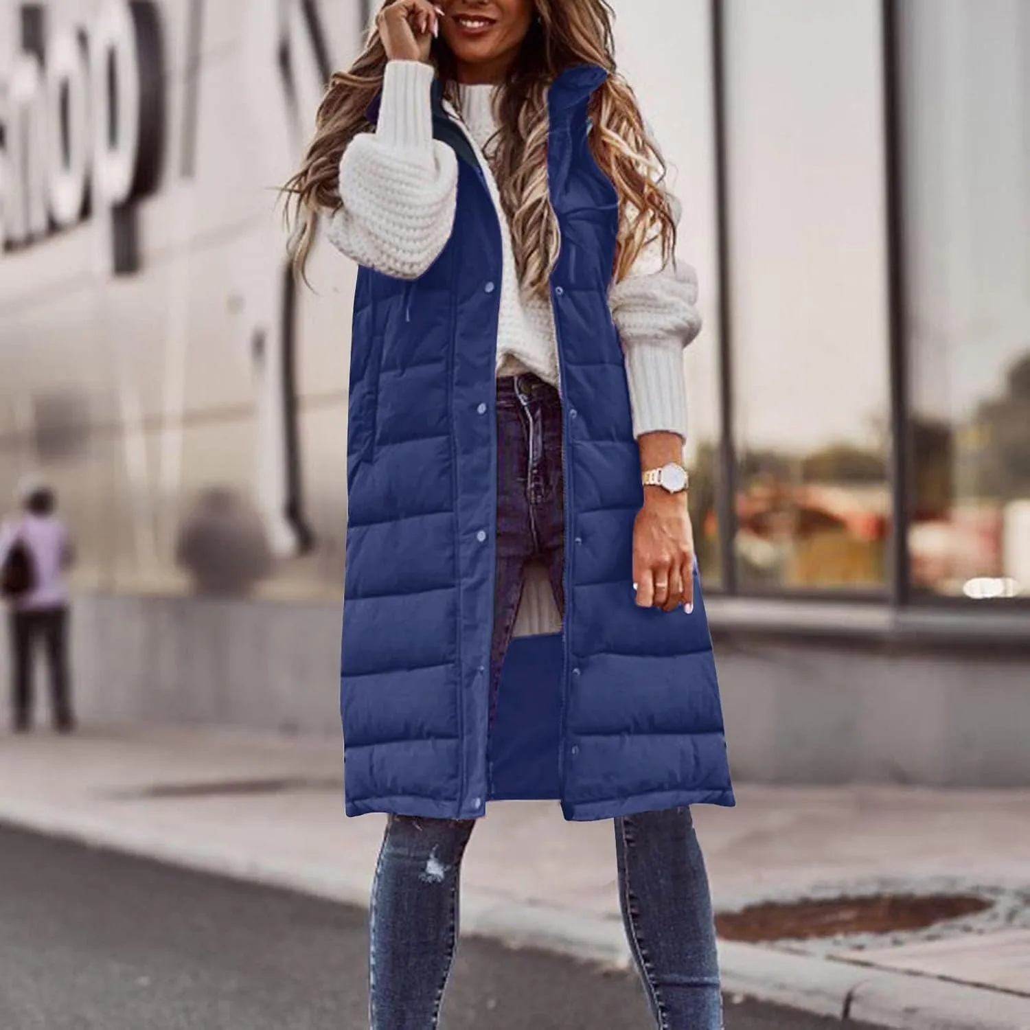 Womens Long Puffer Vest Sleeveless Quilted Hooded Down Coat Lightweight Oversized Jackets Fall Winter Warm Outerwear