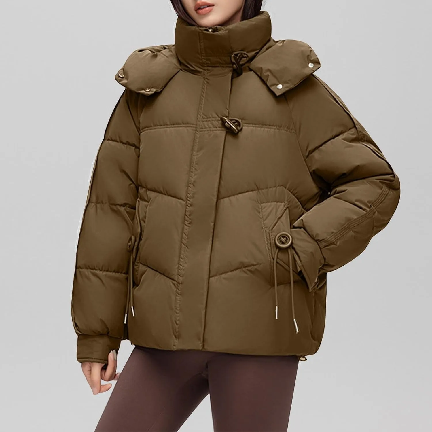 Women's Long Sleeve Zip Puffer Jackets Fashion Cropped Quilted Down Coats Winter Warm Baggy Mock Neck Short Jackets
