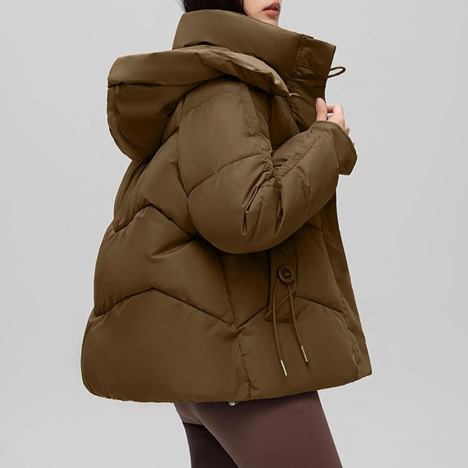 Women's Long Sleeve Zip Puffer Jackets Fashion Cropped Quilted Down Coats Winter Warm Baggy Mock Neck Short Jackets