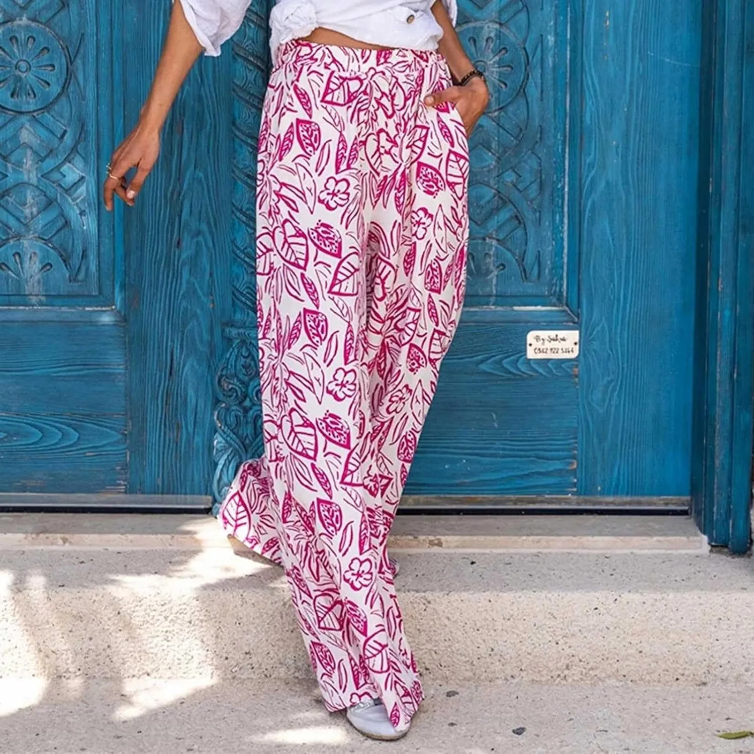 Women's Loose Casual Leaf Printing Trousers Straight Wide Leg Casual Pants with Pockets
