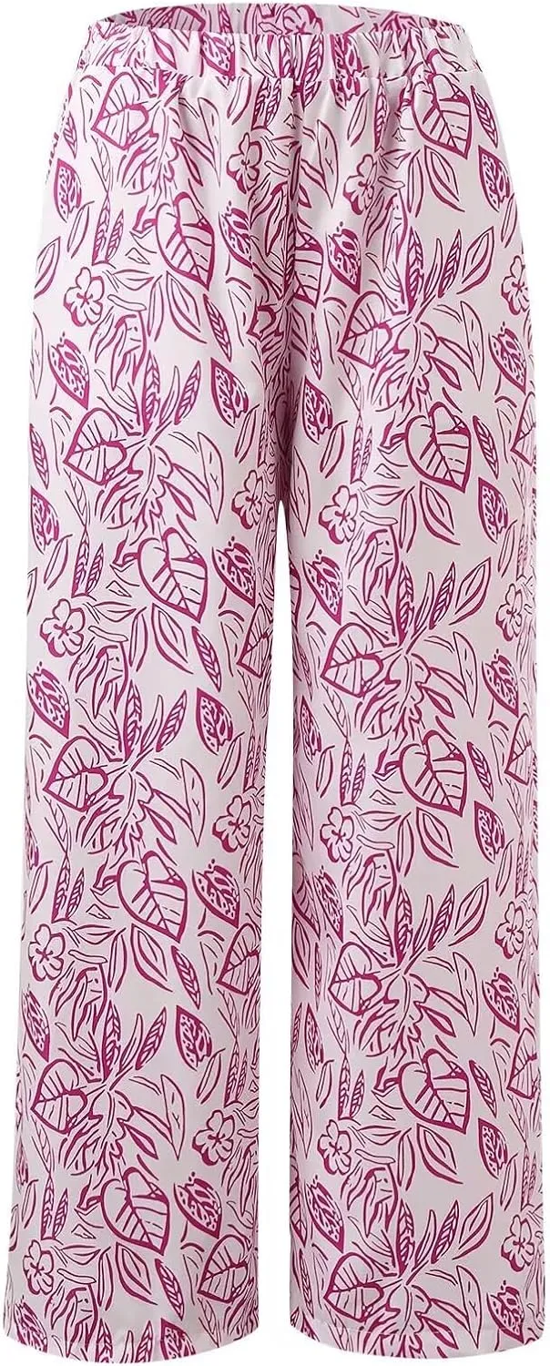 Women's Loose Casual Leaf Printing Trousers Straight Wide Leg Casual Pants with Pockets