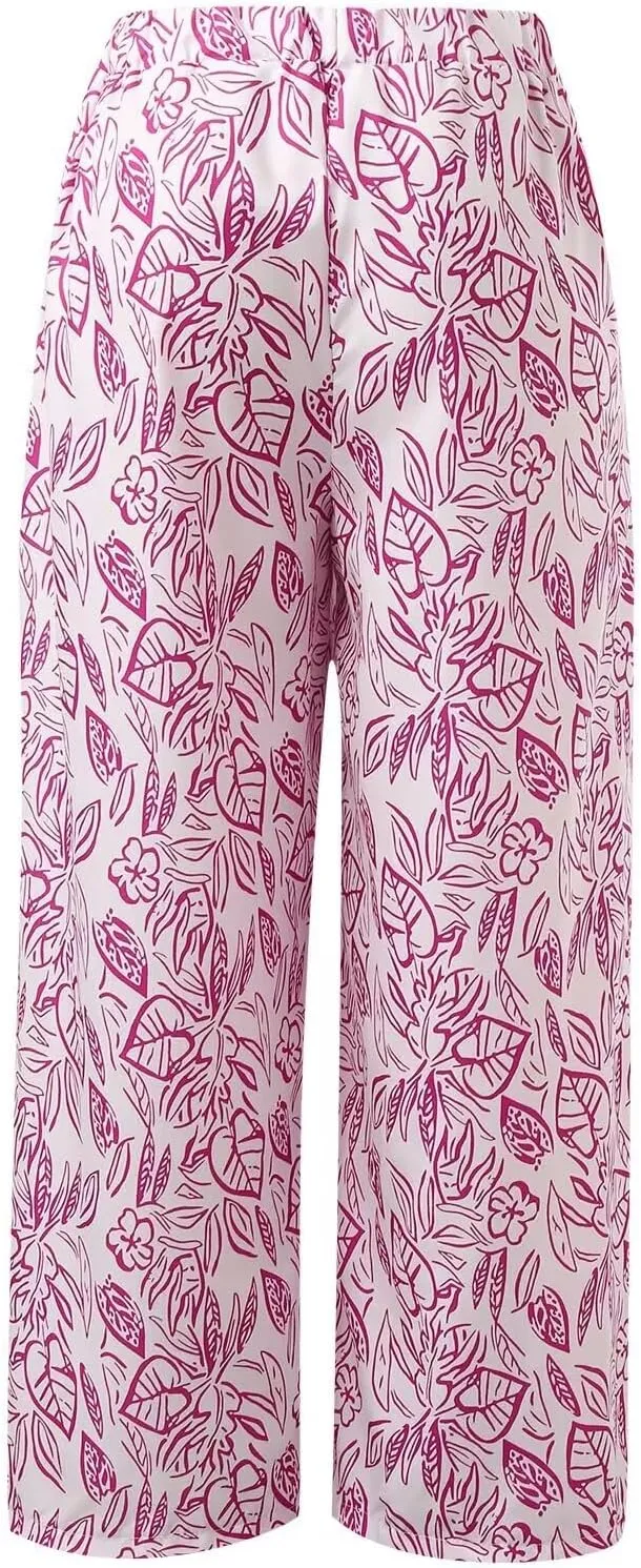 Women's Loose Casual Leaf Printing Trousers Straight Wide Leg Casual Pants with Pockets