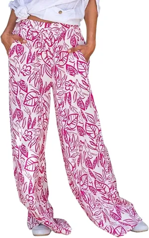 Women's Loose Casual Leaf Printing Trousers Straight Wide Leg Casual Pants with Pockets