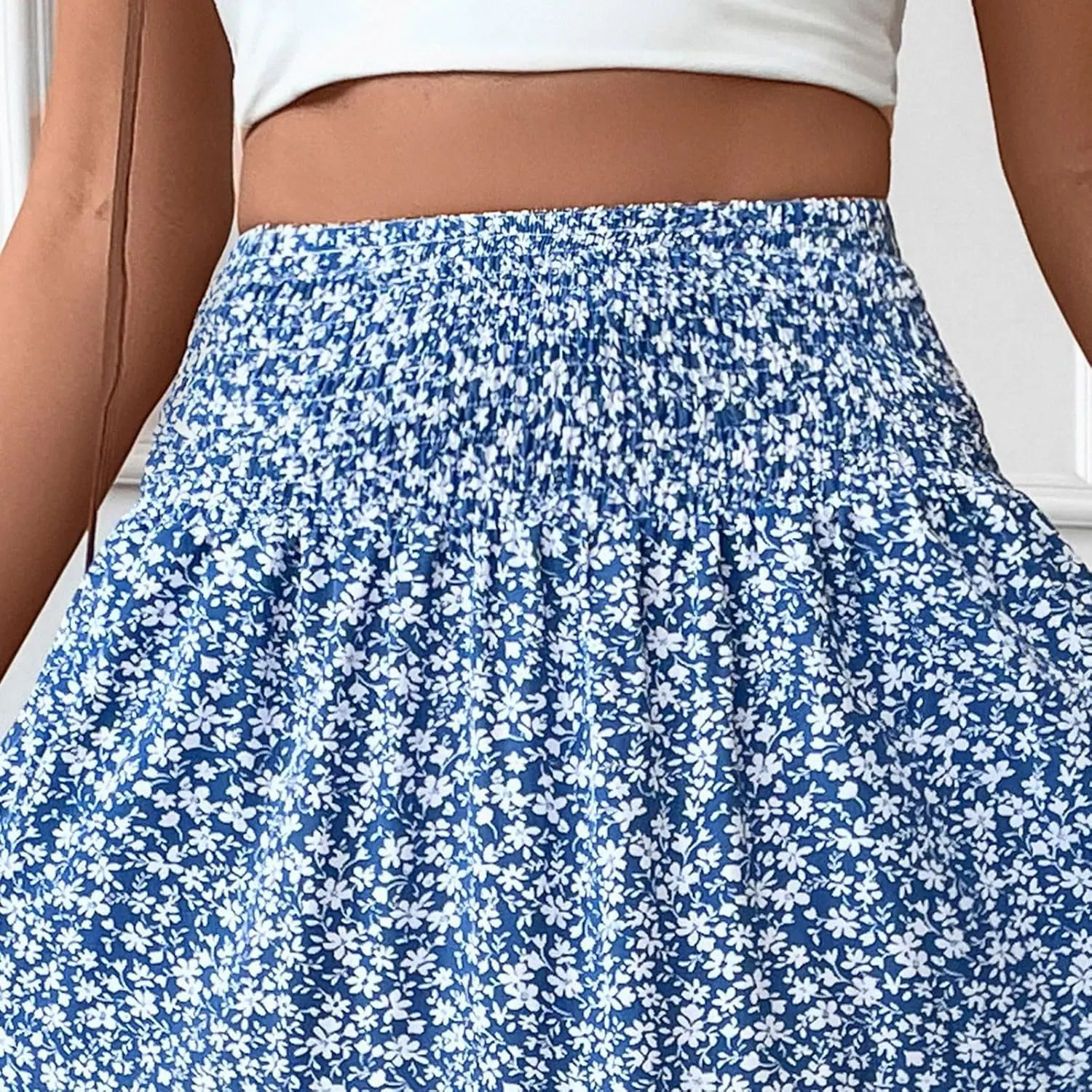 Womens Maxi Skirt Floral Boho Elastic High Waist Drawstring Pleated Beach Skirt A-Line Flowy Tiered Long Skirts