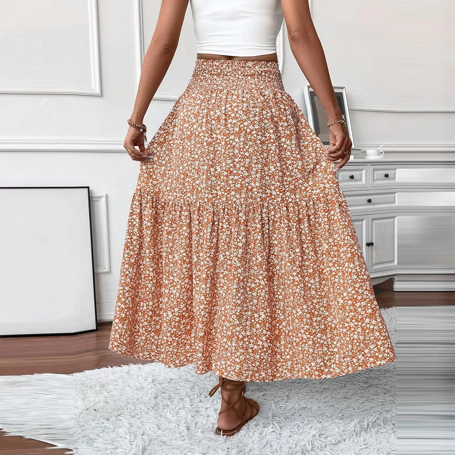 Womens Maxi Skirt Floral Boho Elastic High Waist Drawstring Pleated Beach Skirt A-Line Flowy Tiered Long Skirts