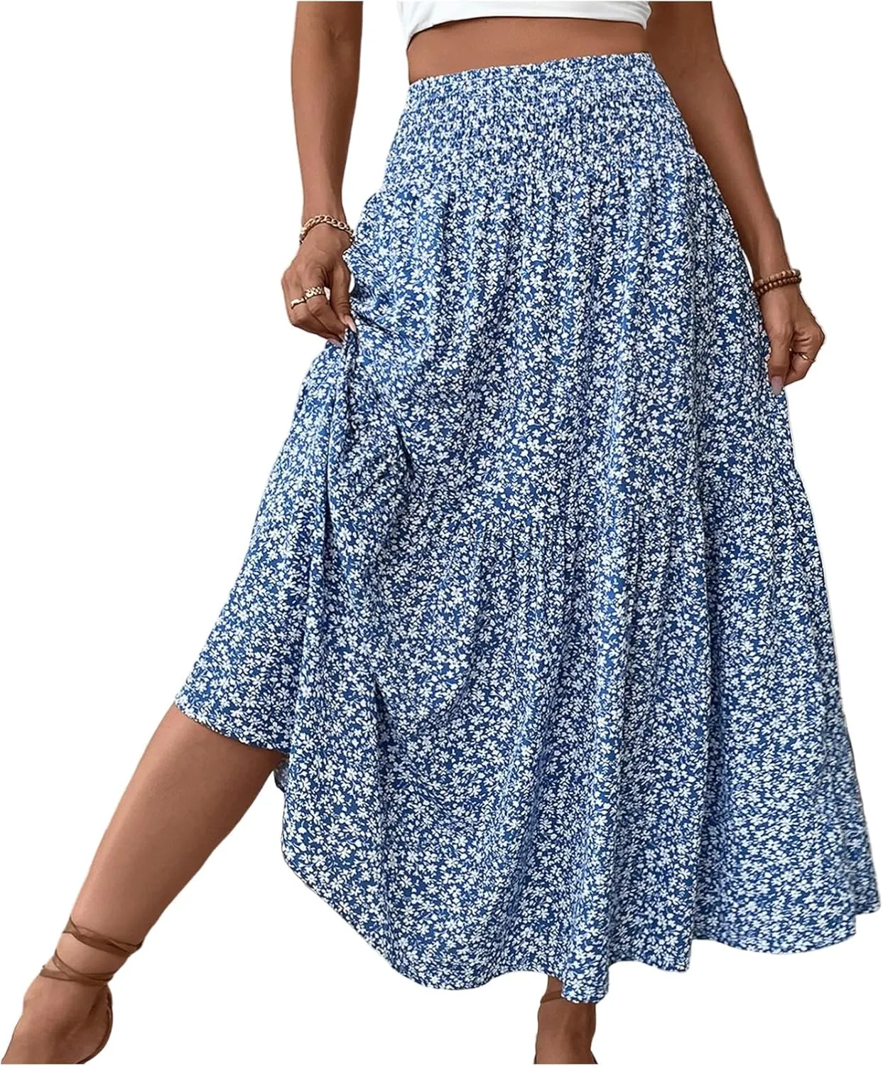 Womens Maxi Skirt Floral Boho Elastic High Waist Drawstring Pleated Beach Skirt A-Line Flowy Tiered Long Skirts