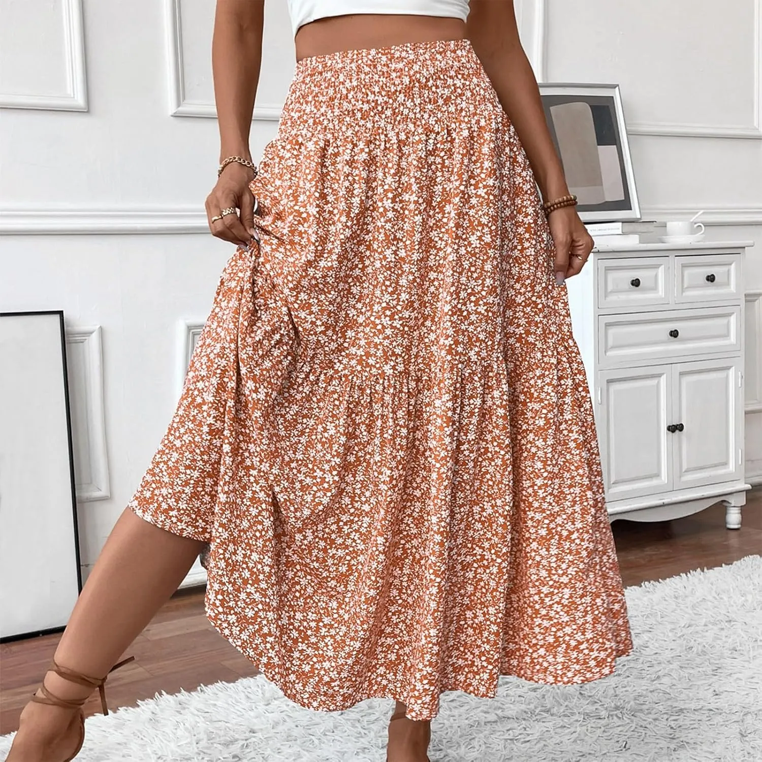 Womens Maxi Skirt Floral Boho Elastic High Waist Drawstring Pleated Beach Skirt A-Line Flowy Tiered Long Skirts