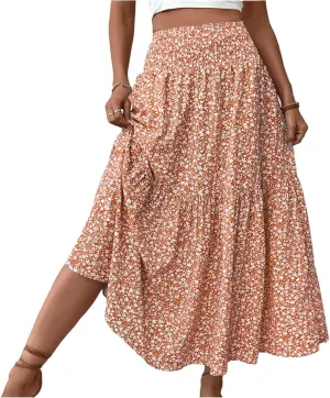 Womens Maxi Skirt Floral Boho Elastic High Waist Drawstring Pleated Beach Skirt A-Line Flowy Tiered Long Skirts