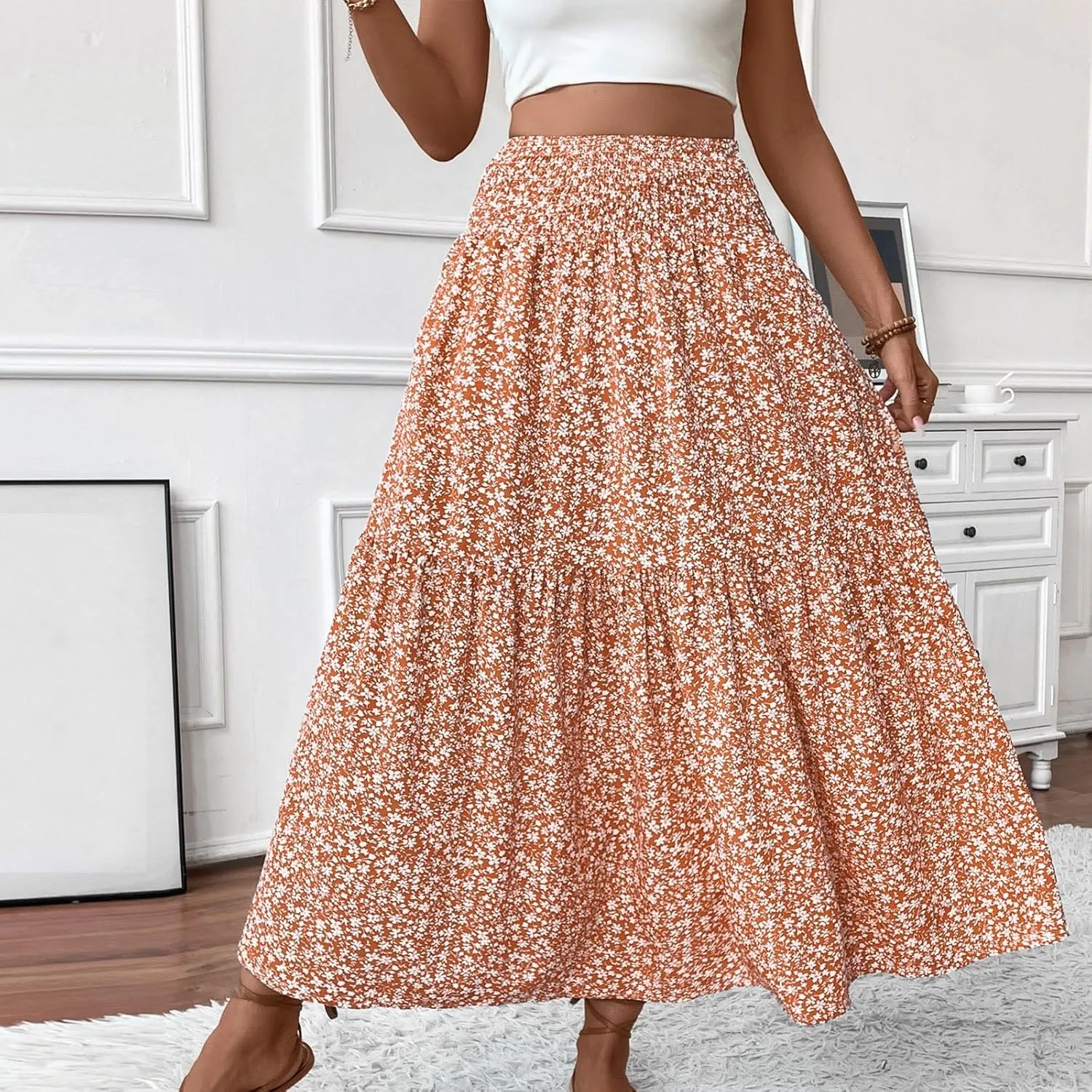 Womens Maxi Skirt Floral Boho Elastic High Waist Drawstring Pleated Beach Skirt A-Line Flowy Tiered Long Skirts
