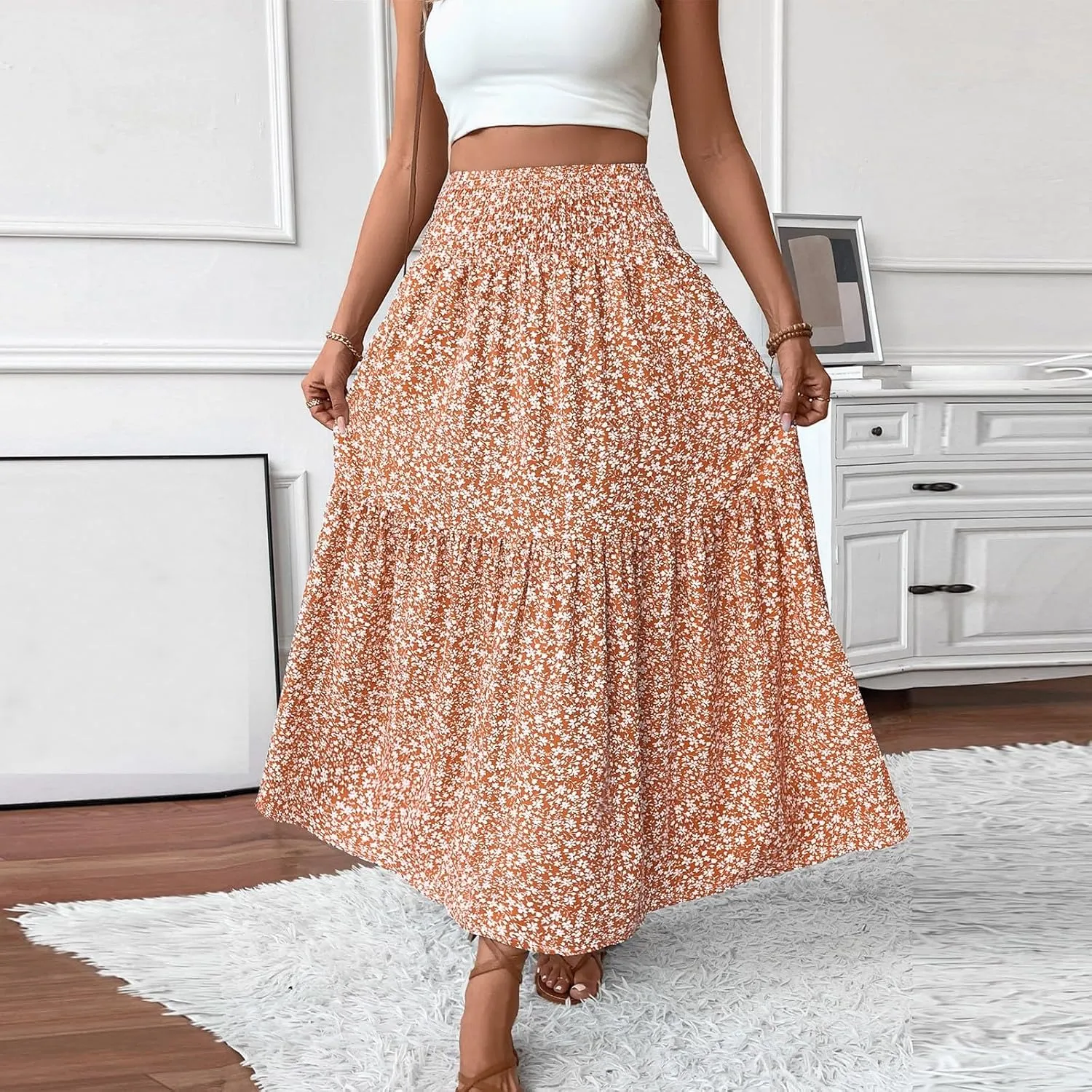 Womens Maxi Skirt Floral Boho Elastic High Waist Drawstring Pleated Beach Skirt A-Line Flowy Tiered Long Skirts