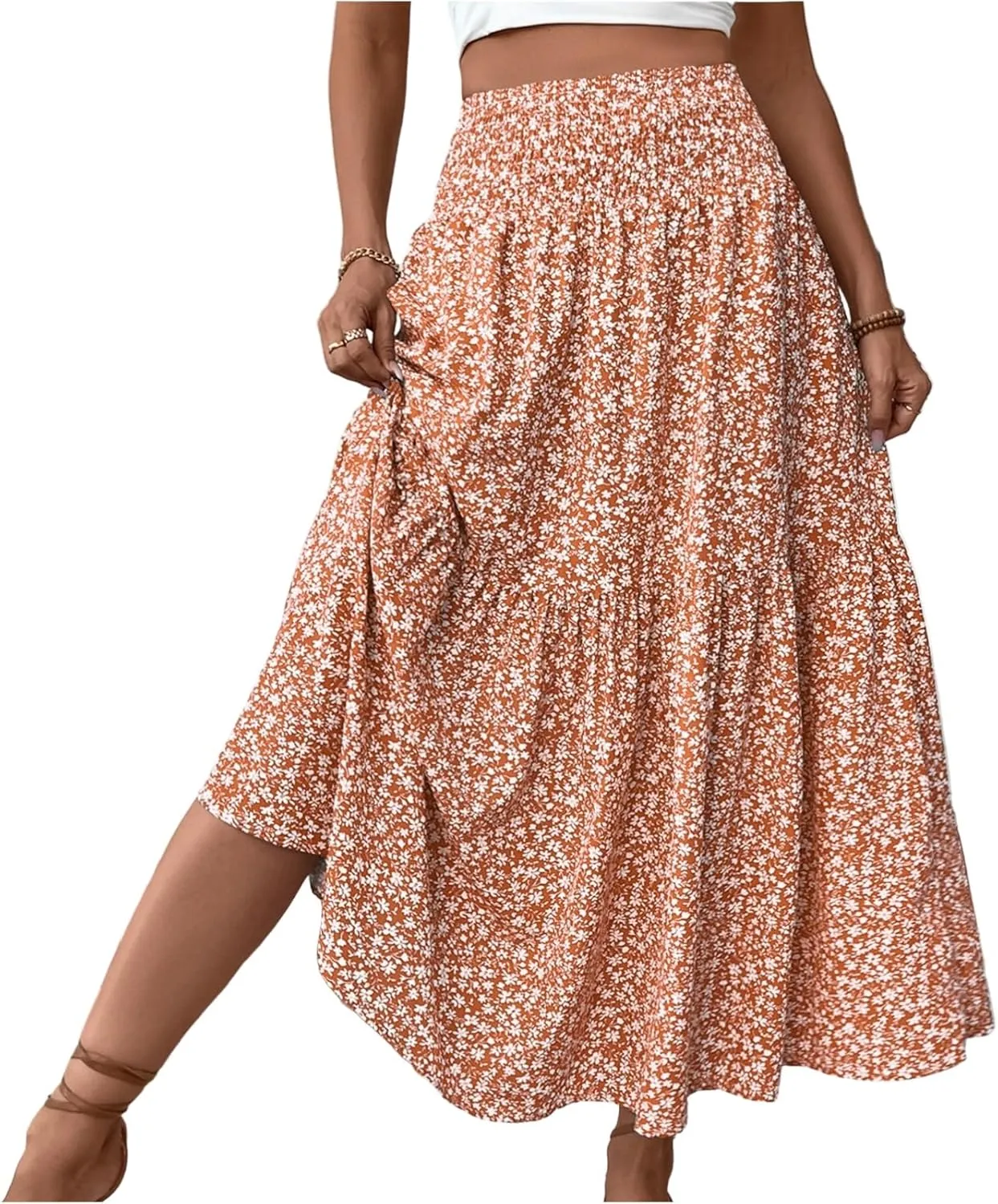 Womens Maxi Skirt Floral Boho Elastic High Waist Drawstring Pleated Beach Skirt A-Line Flowy Tiered Long Skirts
