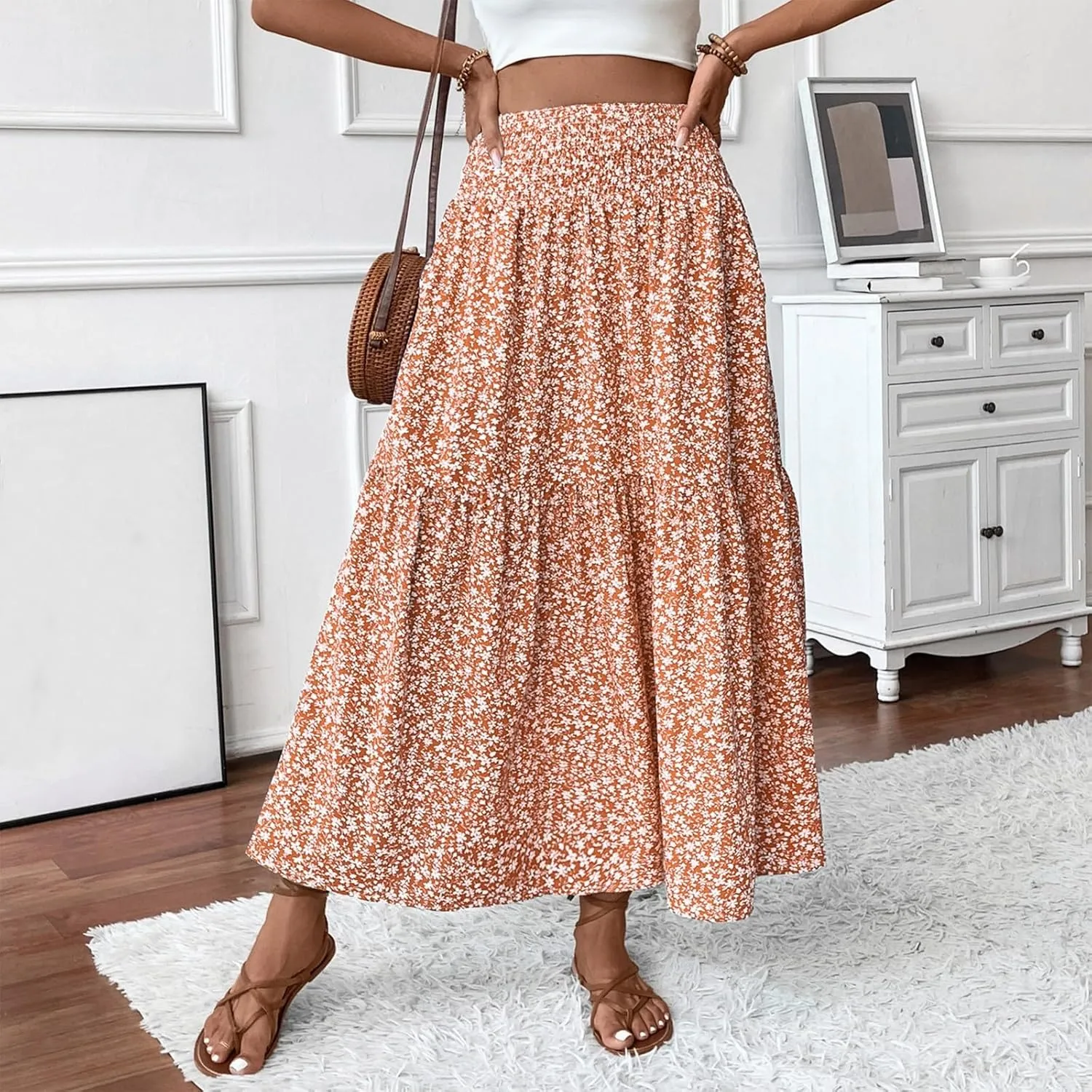 Womens Maxi Skirt Floral Boho Elastic High Waist Drawstring Pleated Beach Skirt A-Line Flowy Tiered Long Skirts