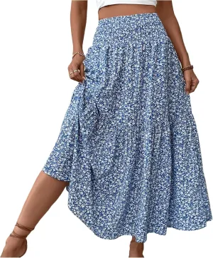 Womens Maxi Skirt Floral Boho Elastic High Waist Drawstring Pleated Beach Skirt A-Line Flowy Tiered Long Skirts