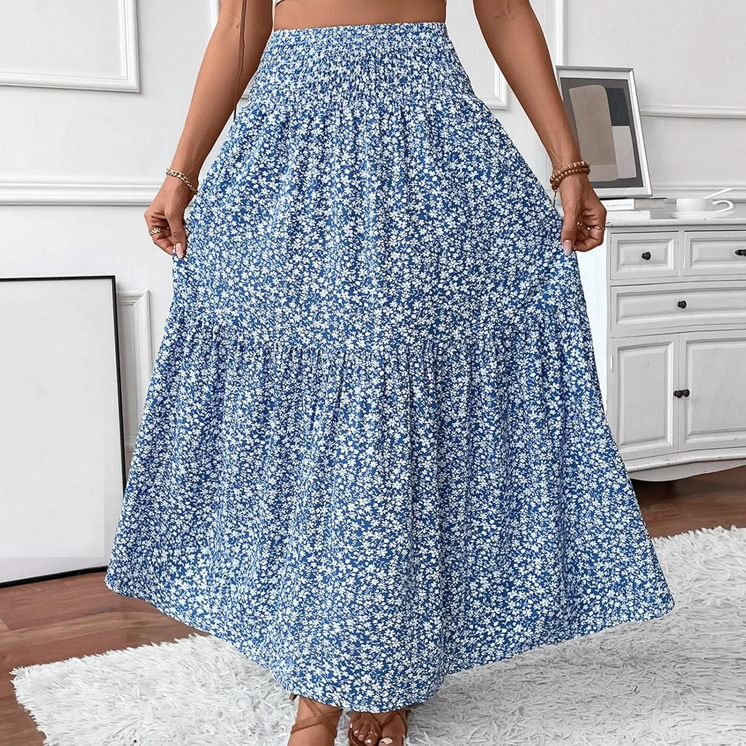 Womens Maxi Skirt Floral Boho Elastic High Waist Drawstring Pleated Beach Skirt A-Line Flowy Tiered Long Skirts