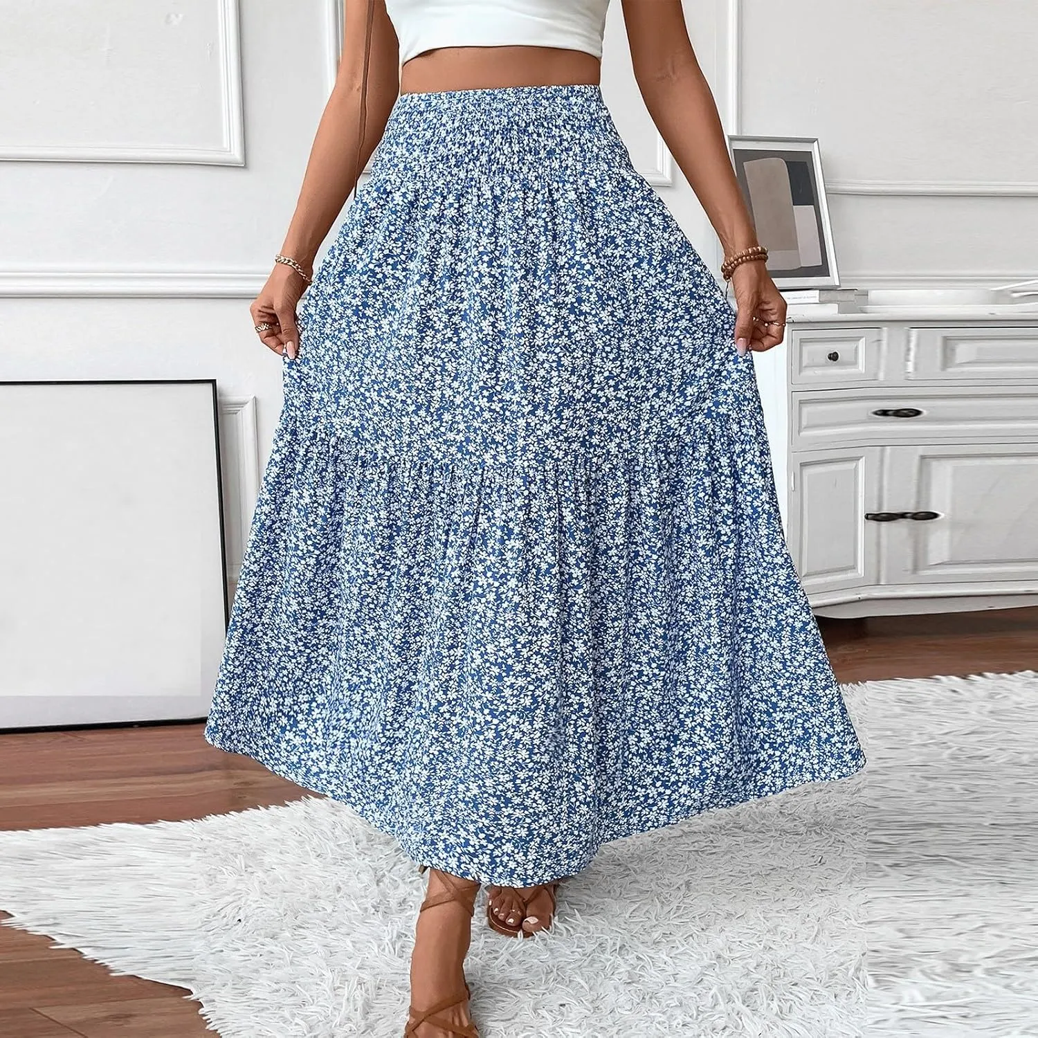 Womens Maxi Skirt Floral Boho Elastic High Waist Drawstring Pleated Beach Skirt A-Line Flowy Tiered Long Skirts