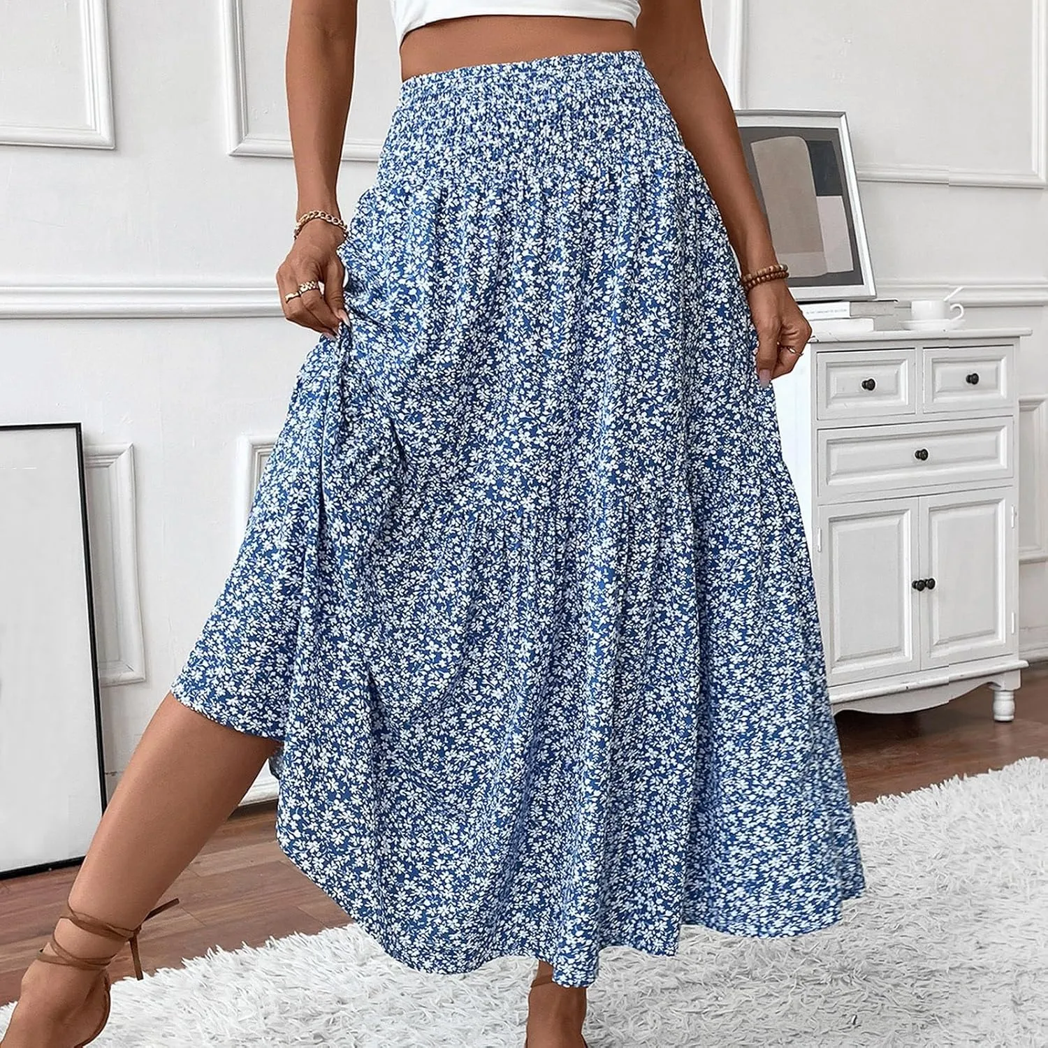 Womens Maxi Skirt Floral Boho Elastic High Waist Drawstring Pleated Beach Skirt A-Line Flowy Tiered Long Skirts