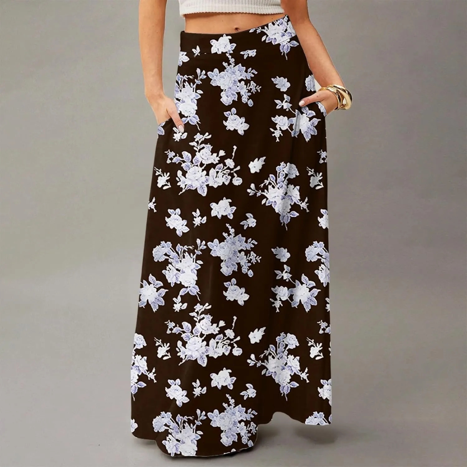Womens Maxi Skirt Floral Boho Elastic High Waist Flowy A-Line Summer Beach Long Skirts