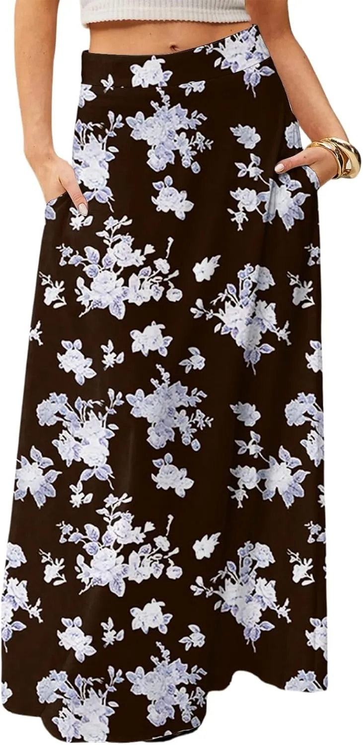 Womens Maxi Skirt Floral Boho Elastic High Waist Flowy A-Line Summer Beach Long Skirts