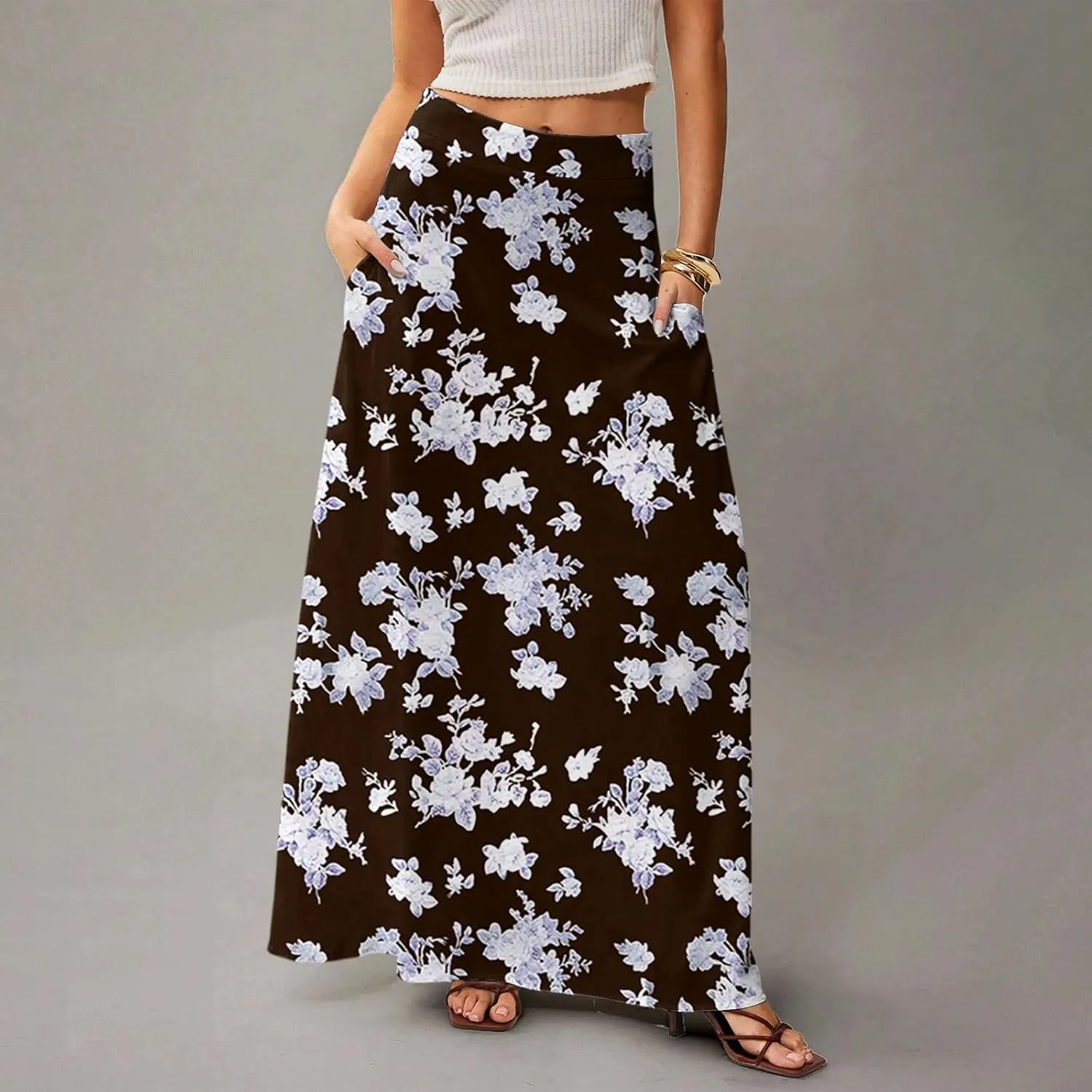 Womens Maxi Skirt Floral Boho Elastic High Waist Flowy A-Line Summer Beach Long Skirts