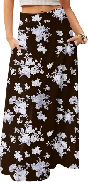 Womens Maxi Skirt Floral Boho Elastic High Waist Flowy A-Line Summer Beach Long Skirts