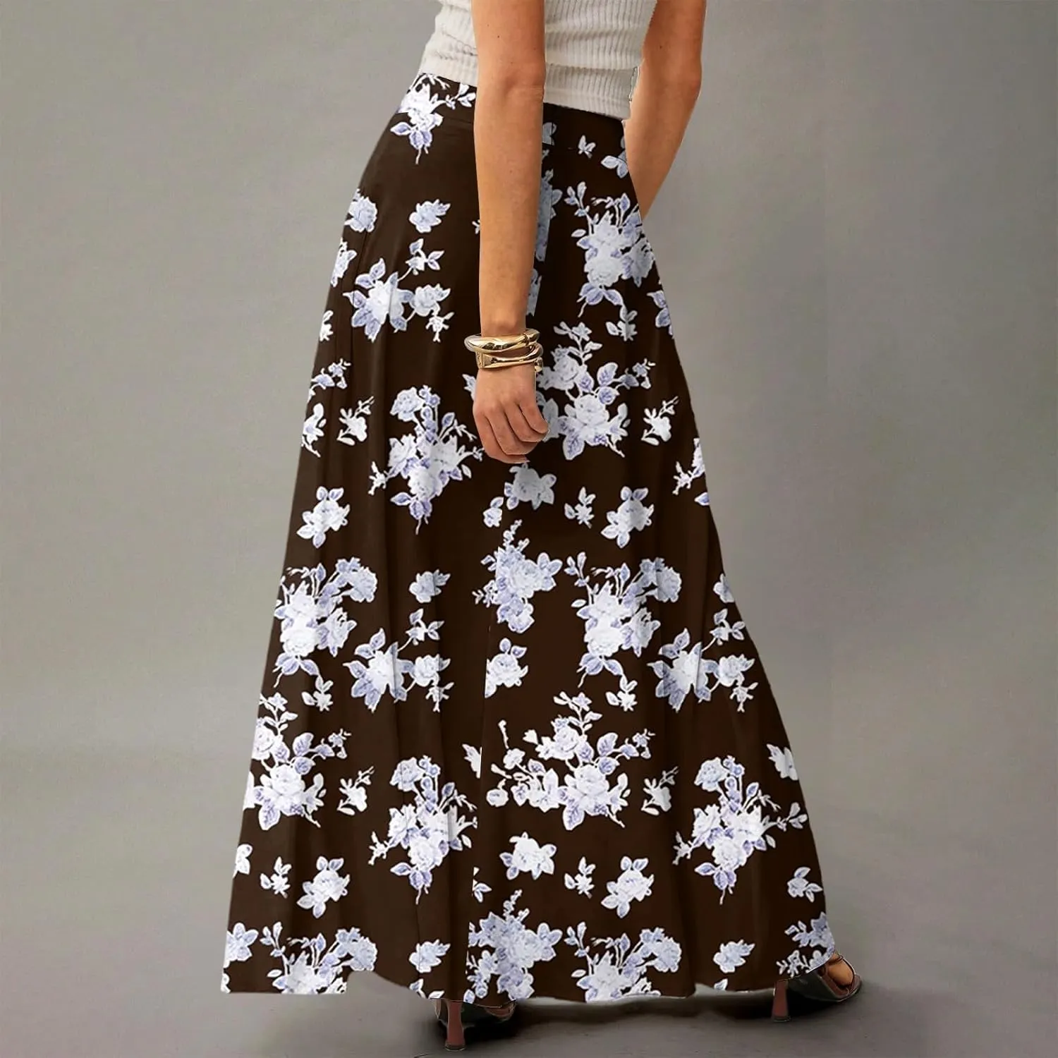 Womens Maxi Skirt Floral Boho Elastic High Waist Flowy A-Line Summer Beach Long Skirts