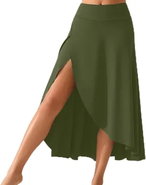 Womens Maxi Skirts Flowy High Waist Wrap Athletic Yoga Skirt with Slit Asymmetrical Ruffle High Low Skirts with Shorts