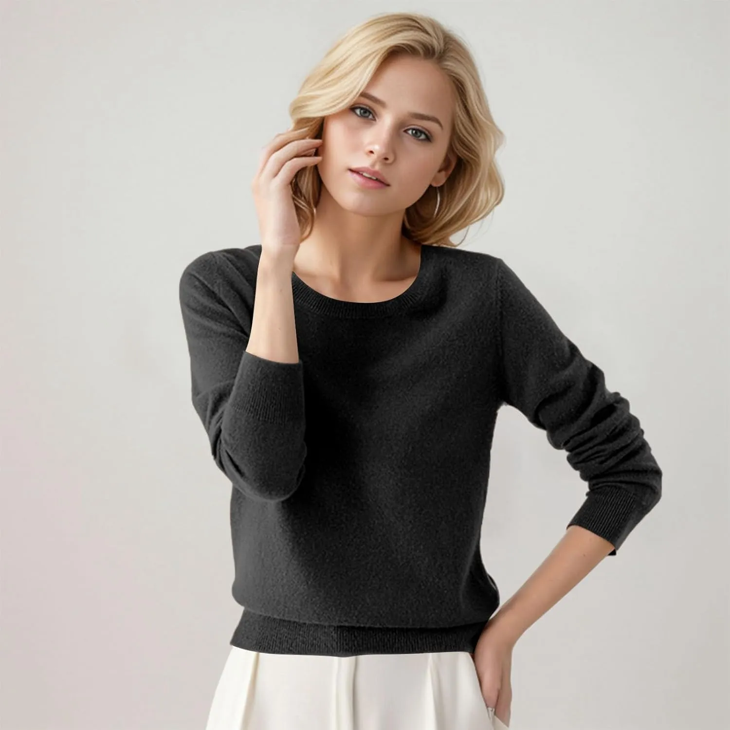 Women's Merino Wool Cashmere Sweater Crewneck Long Sleeve Pullover Tops Knitted Loose Thin Fall Winter Sweater Blouse