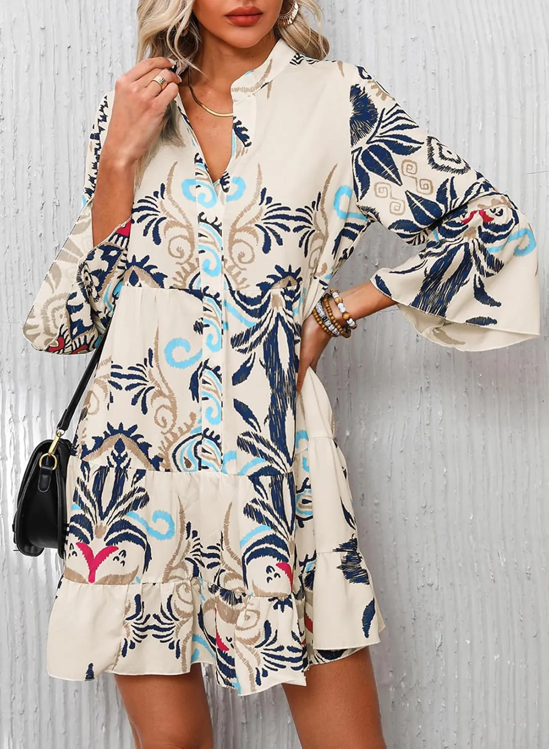 Womens Mini Dress 2025 Casual V-Neck Ruffle Dresses with 3/4 Sleeve Tiered Pleated