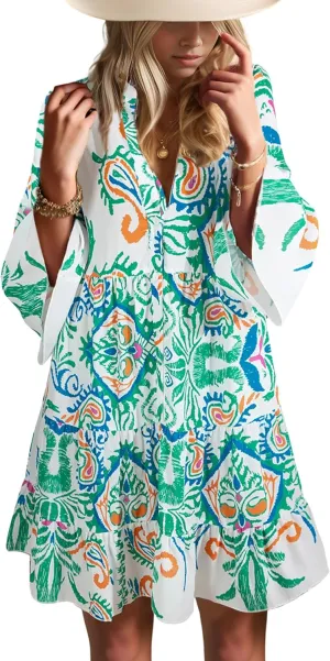 Womens Mini Dress 2025 Casual V-Neck Ruffle Dresses with 3/4 Sleeve Tiered Pleated