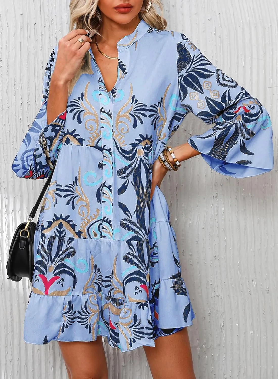 Womens Mini Dress 2025 Casual V-Neck Ruffle Dresses with 3/4 Sleeve Tiered Pleated