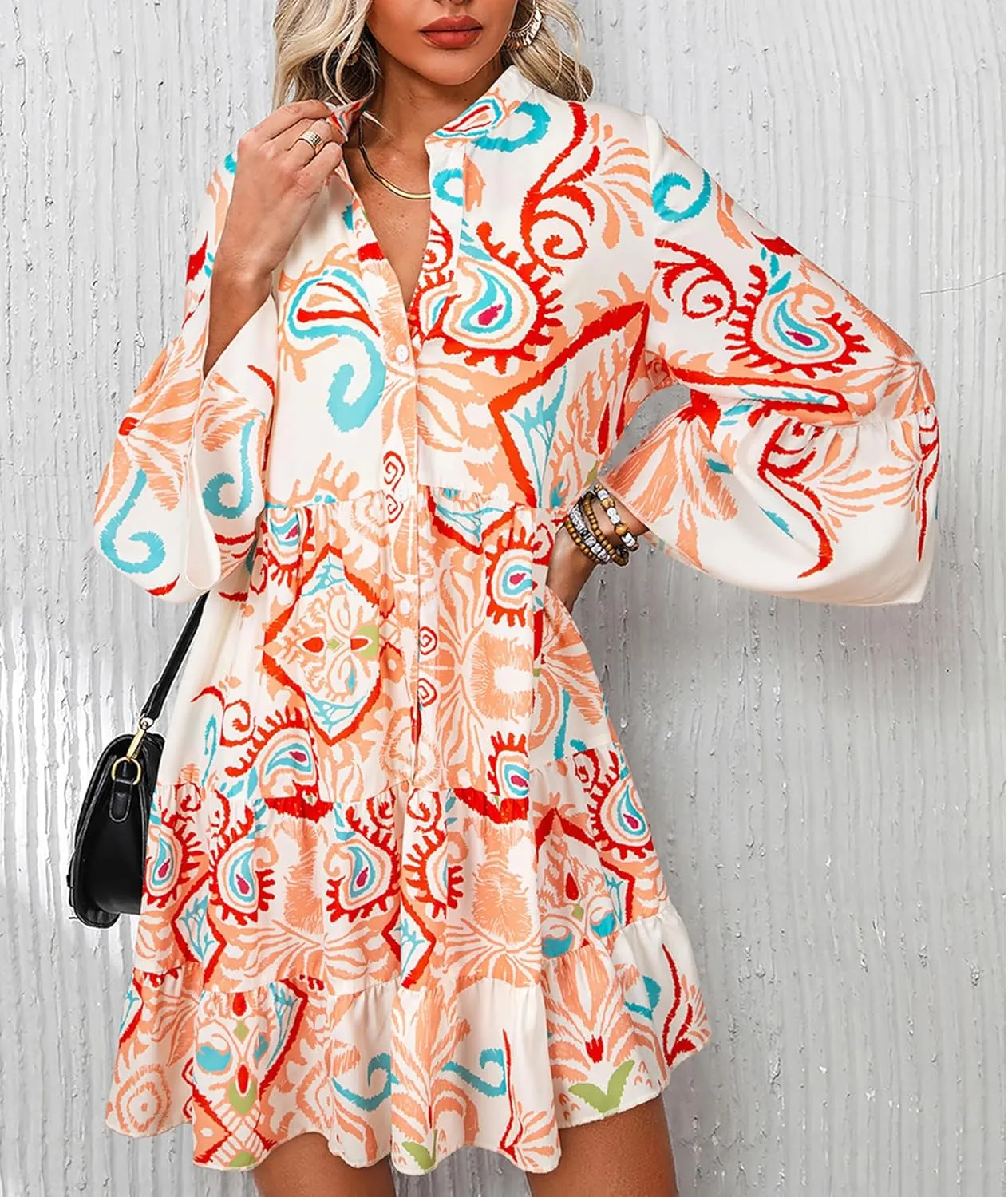 Womens Mini Dress 2025 Casual V-Neck Ruffle Dresses with 3/4 Sleeve Tiered Pleated