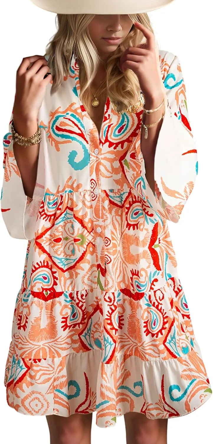 Womens Mini Dress 2025 Casual V-Neck Ruffle Dresses with 3/4 Sleeve Tiered Pleated