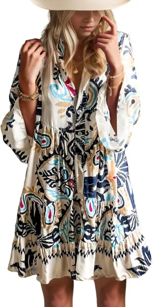 Womens Mini Dress 2025 Casual V-Neck Ruffle Dresses with 3/4 Sleeve Tiered Pleated
