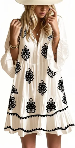 Womens Mini Dress 2025 Casual V-Neck Ruffle Dresses with 3/4 Sleeve Tiered Pleated