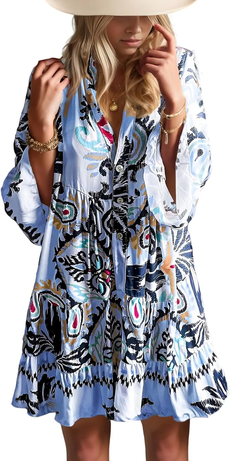 Womens Mini Dress 2025 Casual V-Neck Ruffle Dresses with 3/4 Sleeve Tiered Pleated