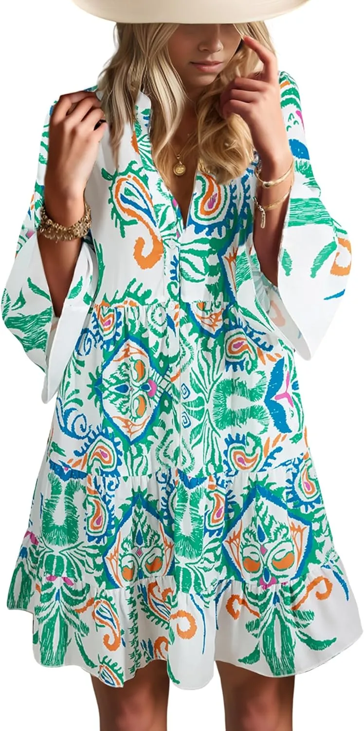 Womens Mini Dress 2025 Casual V-Neck Ruffle Dresses with 3/4 Sleeve Tiered Pleated