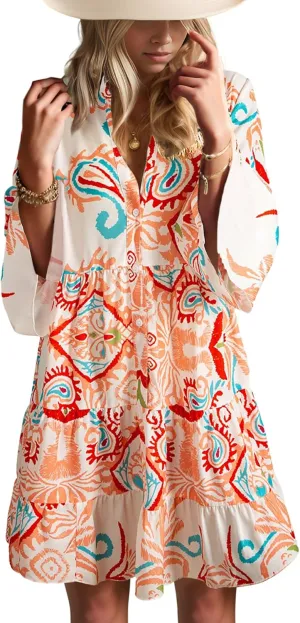 Womens Mini Dress 2025 Casual V-Neck Ruffle Dresses with 3/4 Sleeve Tiered Pleated