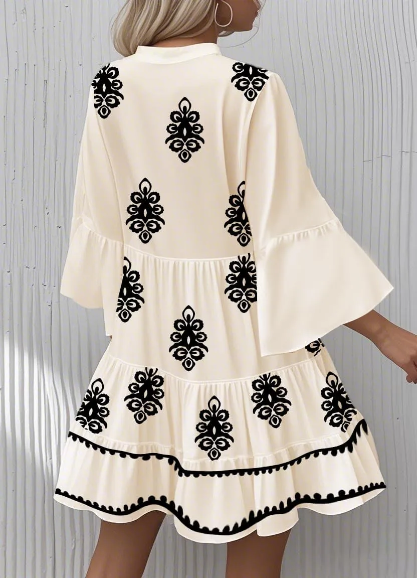 Womens Mini Dress 2025 Casual V-Neck Ruffle Dresses with 3/4 Sleeve Tiered Pleated