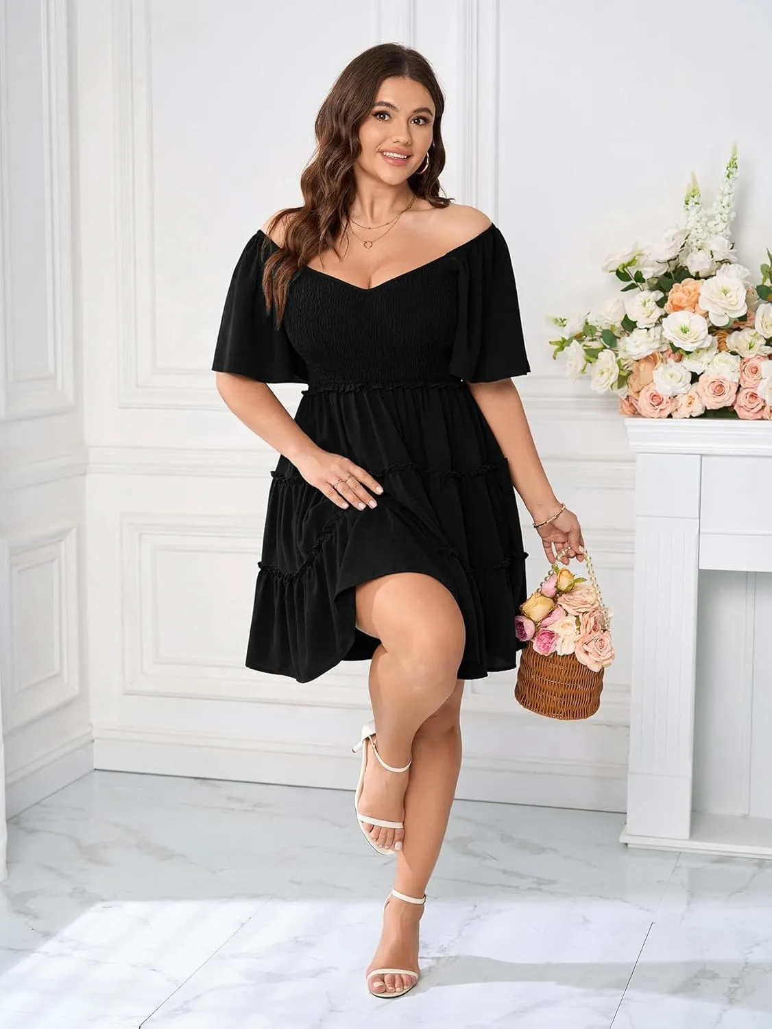 Womens Plus Size Casual Mini Dress Sweetheart Neckline Short Flutter Sleeve Smocked A Line Tiered Ruffle Dresses