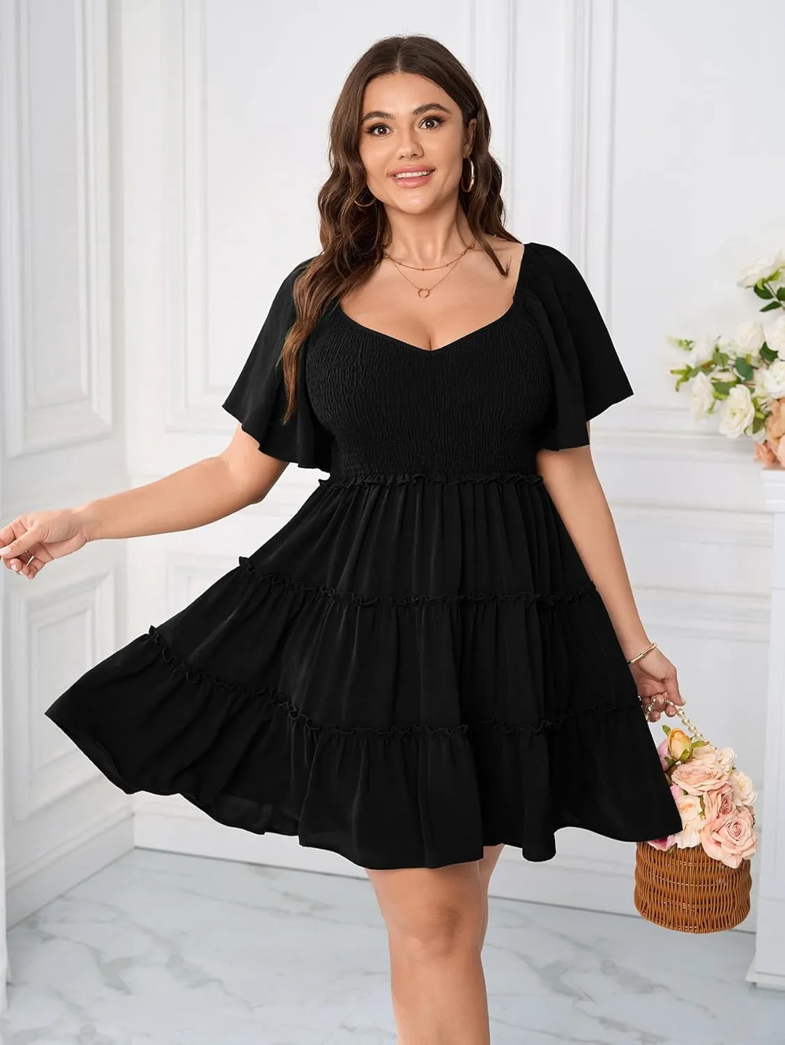 Womens Plus Size Casual Mini Dress Sweetheart Neckline Short Flutter Sleeve Smocked A Line Tiered Ruffle Dresses