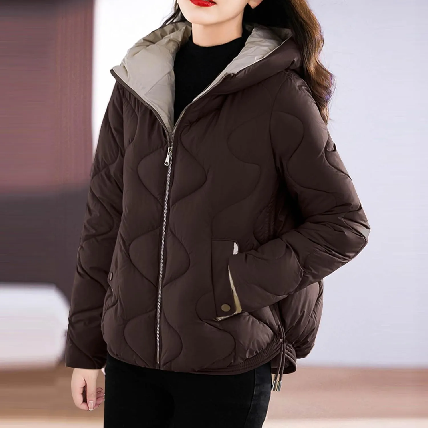Women's Puffer Jacket Coat Oversized Winter Warm Hooded Down Jacket Long Sleeve Quilted Outerwear with Pockets 2024
