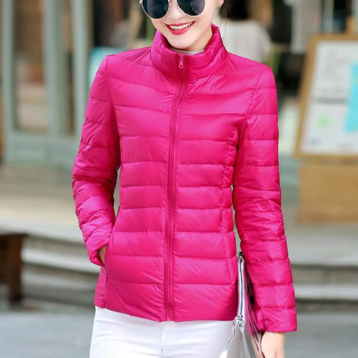 Women's Quilted Lightweight Jackets Long Sleeve Zip Stand Collar Puffer Jackets Fashion Windproof Padded Down Coats
