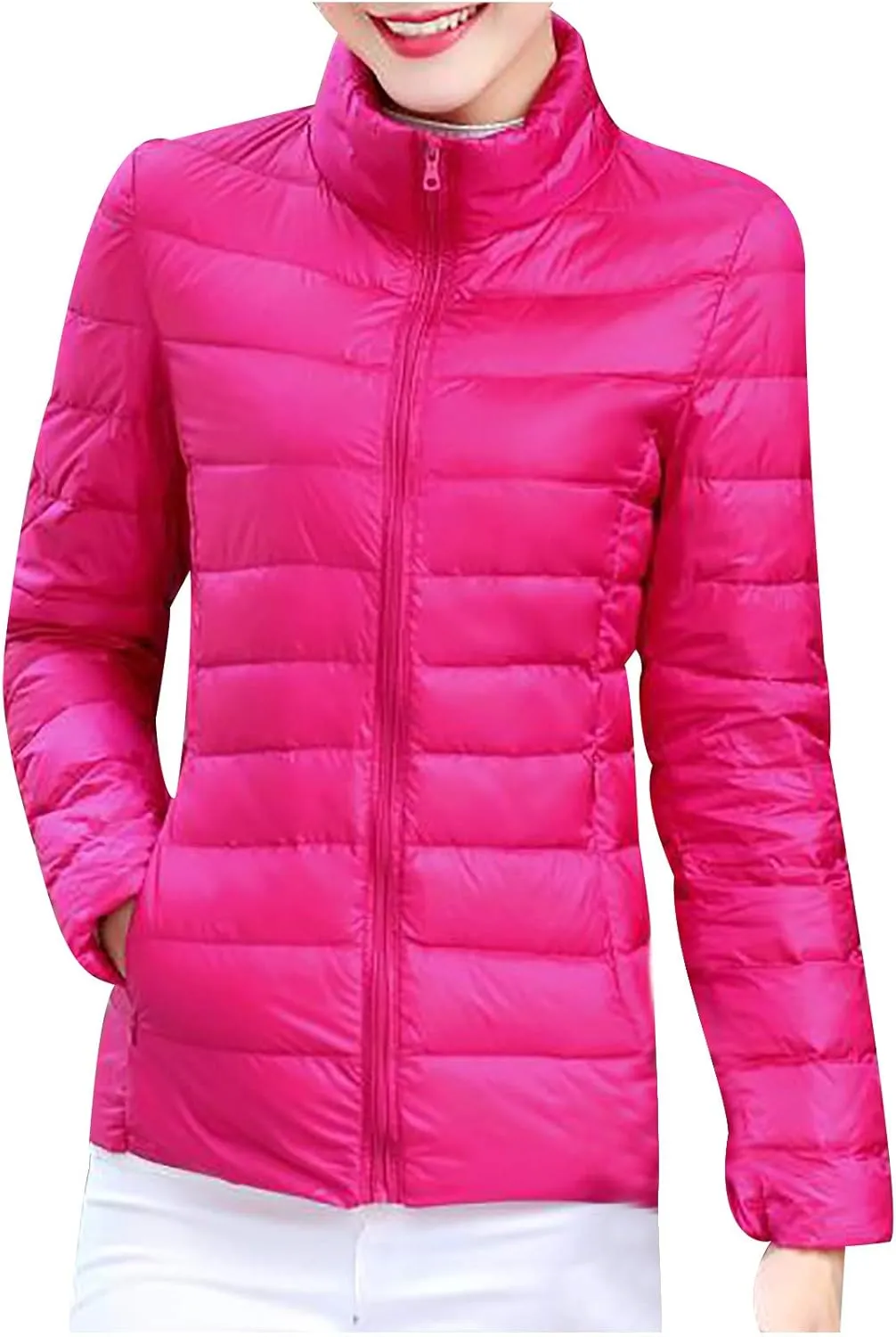 Women's Quilted Lightweight Jackets Long Sleeve Zip Stand Collar Puffer Jackets Fashion Windproof Padded Down Coats