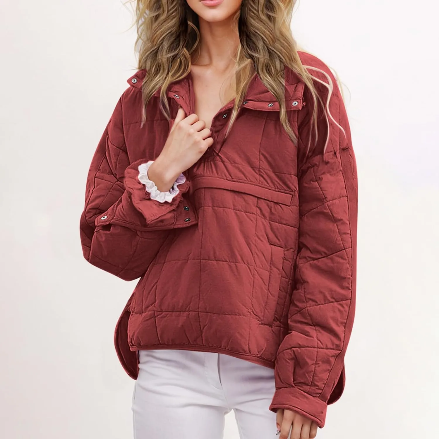 Womens Quilted Pullover Puffer Jacket Lightweight Hooded Long Sleeve down Coats Loose Casual 2024 Fall Winter Outwear