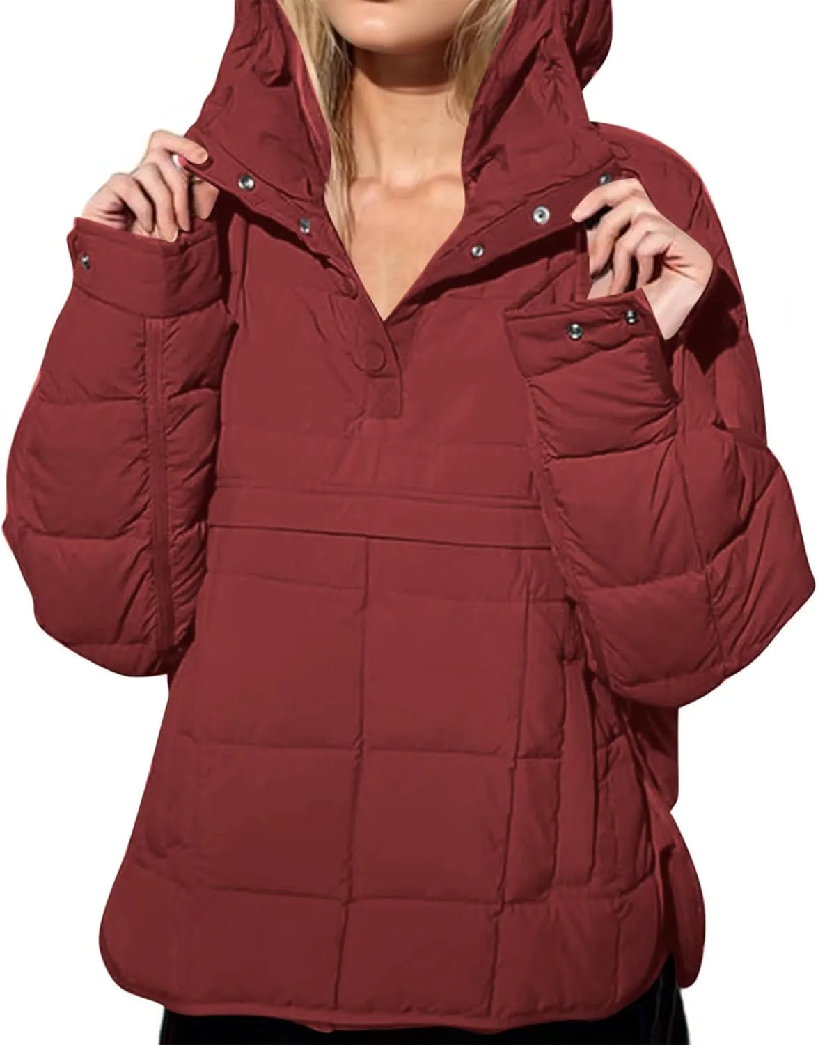 Womens Quilted Pullover Puffer Jacket Lightweight Hooded Long Sleeve down Coats Loose Casual 2024 Fall Winter Outwear