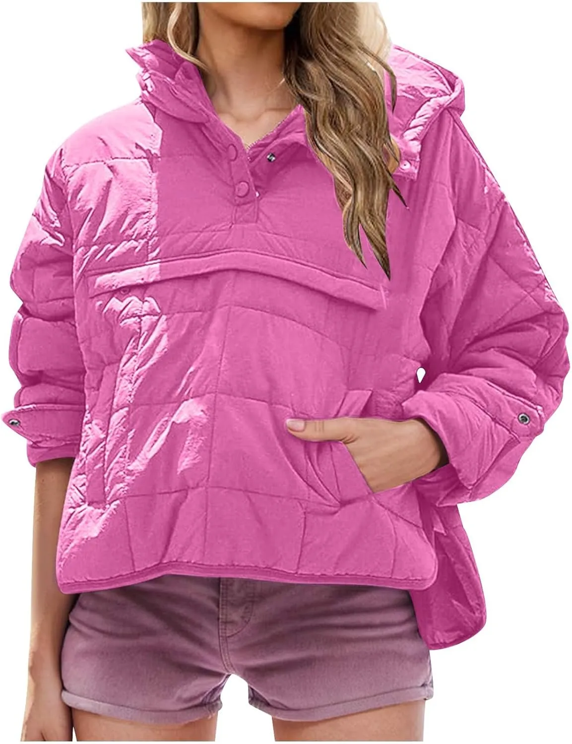Womens Quilted Pullover Puffer Jacket Lightweight Hooded Long Sleeve down Coats Loose Casual 2024 Fall Winter Outwear
