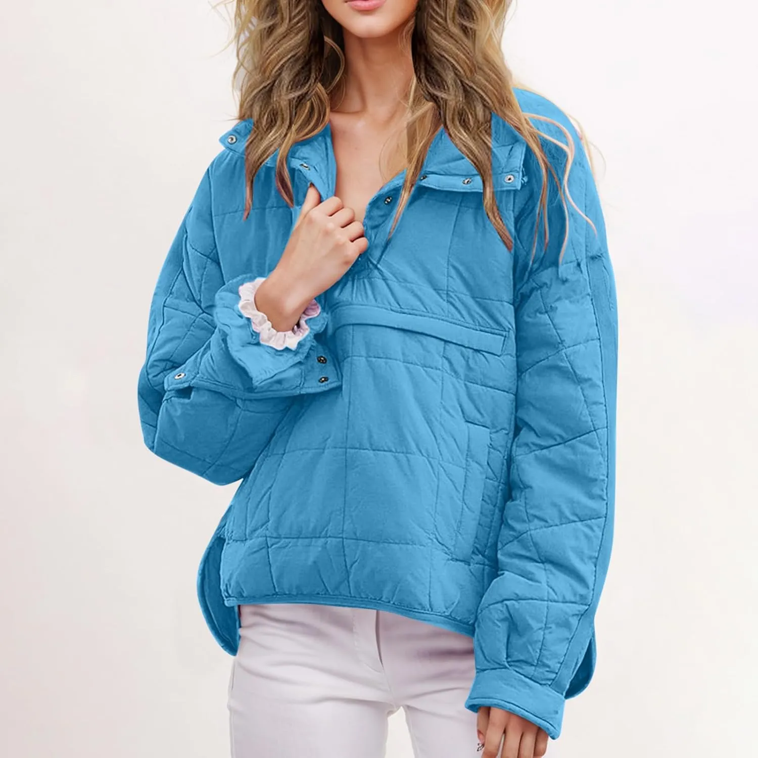 Womens Quilted Pullover Puffer Jacket Lightweight Hooded Long Sleeve down Coats Loose Casual 2024 Fall Winter Outwear