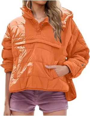 Womens Quilted Pullover Puffer Jacket Lightweight Hooded Long Sleeve down Coats Loose Casual 2024 Fall Winter Outwear